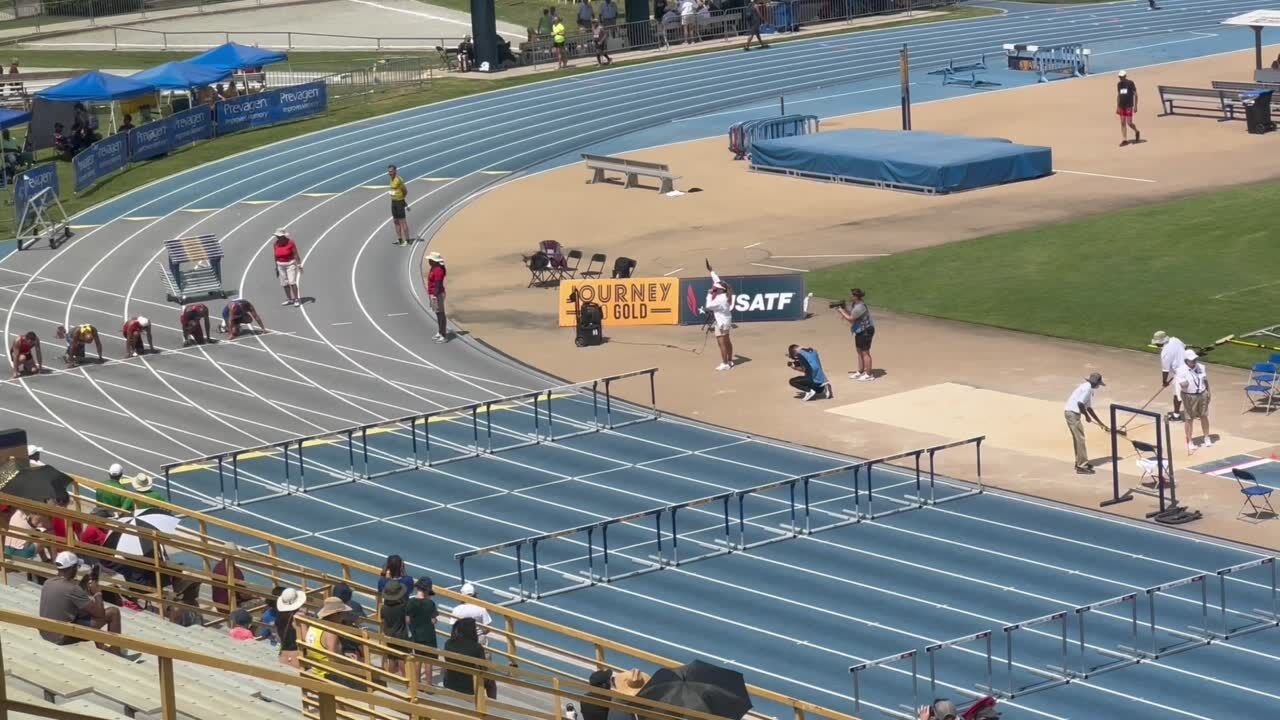 The finals of the 50-54 age group in the 100-meter hurdles at the USATF Masters championships at North Carolina A&
